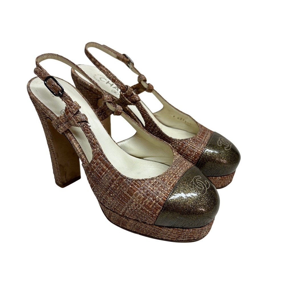 Chanel Tweed CC‎ Interlocking Bronze Raffia Slingback Platform Heels Cap Toe 37 - Picture 2 of 13